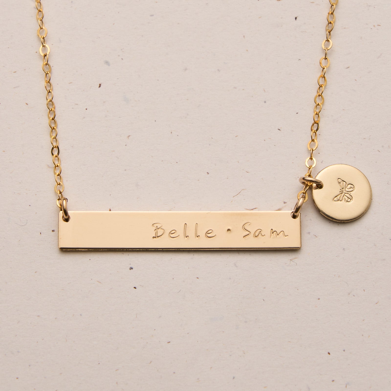 Personalised jewellery - KBN Jewellery - handmade jewellery – Personalised Jewellery gifts – Dainty jewellery- bar necklace – dainty bar necklace – personalised date necklace – roman numerals necklace – name bar necklace – words of affirmation necklace – long bar necklace – layering necklace – layering necklace inspiration – wedding gift idea – wedding gift idea for bride  - long pendant necklace with additional small pendant – unique necklace – personalised bar necklace 