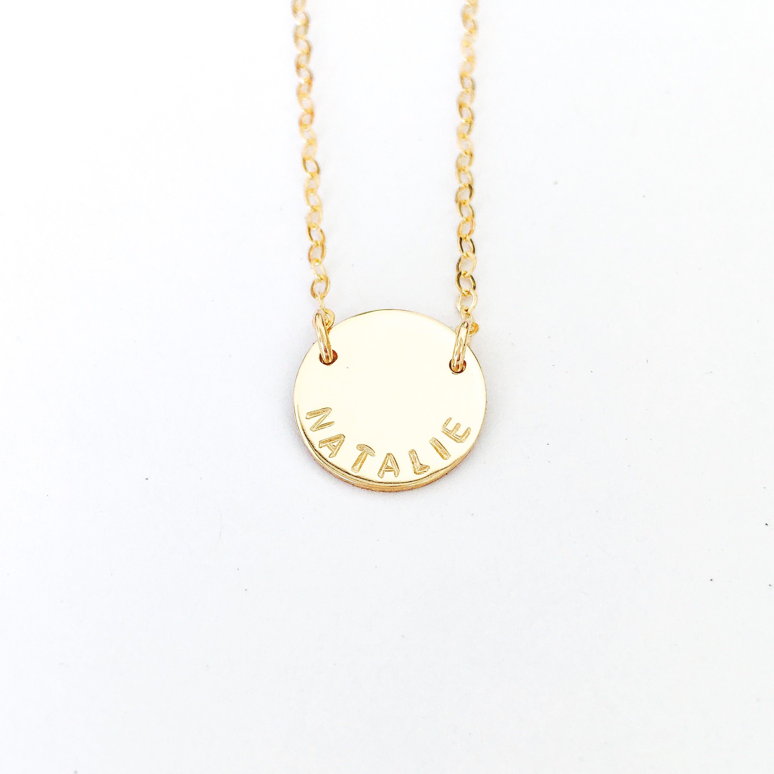 medium pendant double hole fixed curved centred text tiny neat sweet script font goldfill sterling silver rose goldfill dainty delicate meaningful dates symbol children names roman numerals